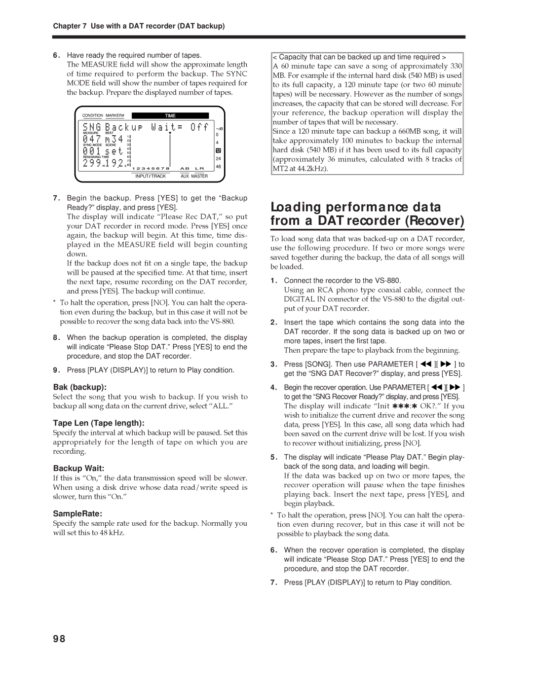 Roland Vs-880 Loading performance data from a DAT recorder Recover, Bak backup, Tape Len Tape length, Backup Wait 