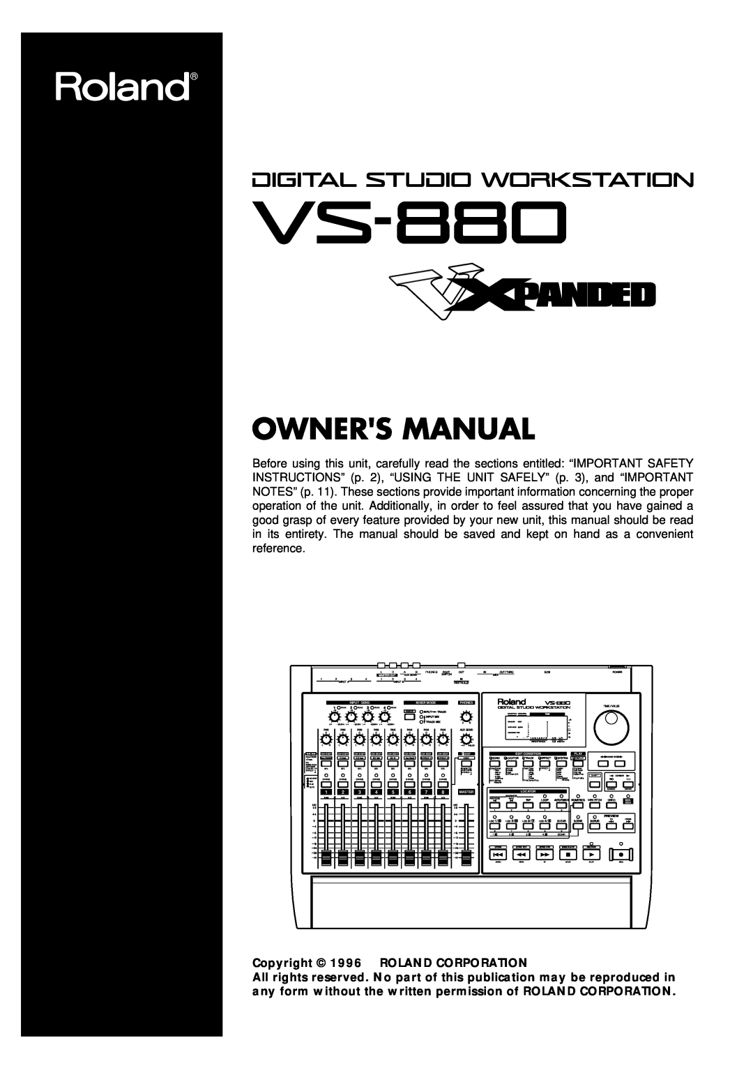 Roland Vs-880 important safety instructions Copyright 1996 ROLAND CORPORATION, Master Out, Input Sens, Mixer Mode, Track 