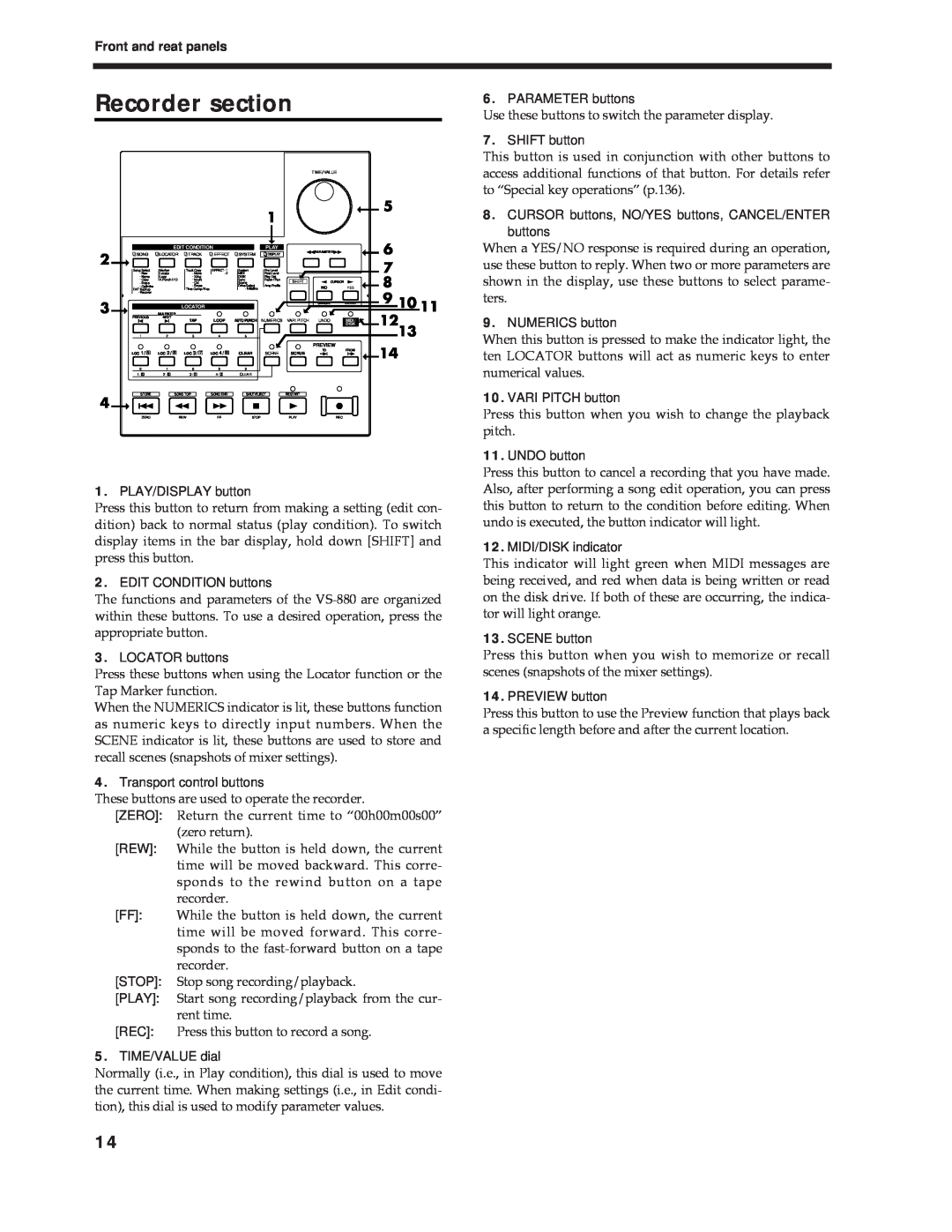 Roland Vs-880 important safety instructions Recorder section, Front and reat panels 
