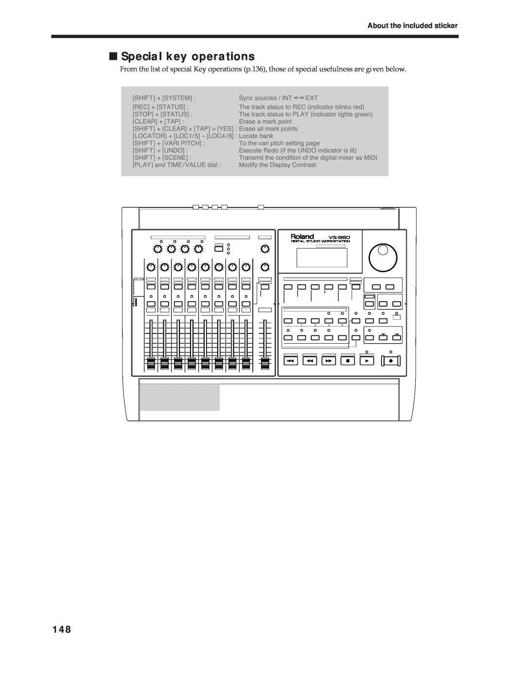 Roland Vs-880 important safety instructions Special key operations, About the included sticker 