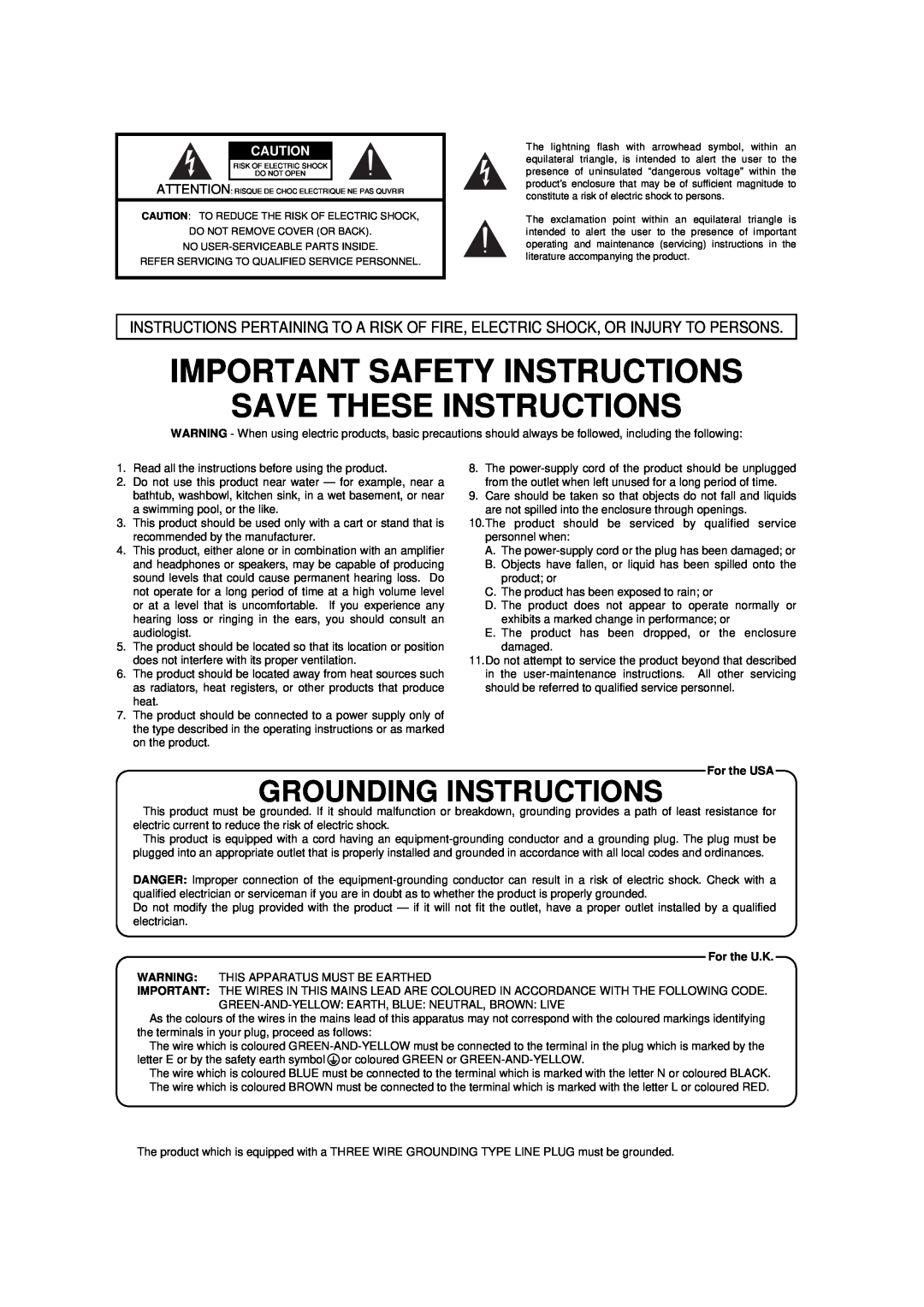 Roland Vs-880 Important Safety Instructions Save These Instructions, Grounding Instructions, For the USA, For the U.K 