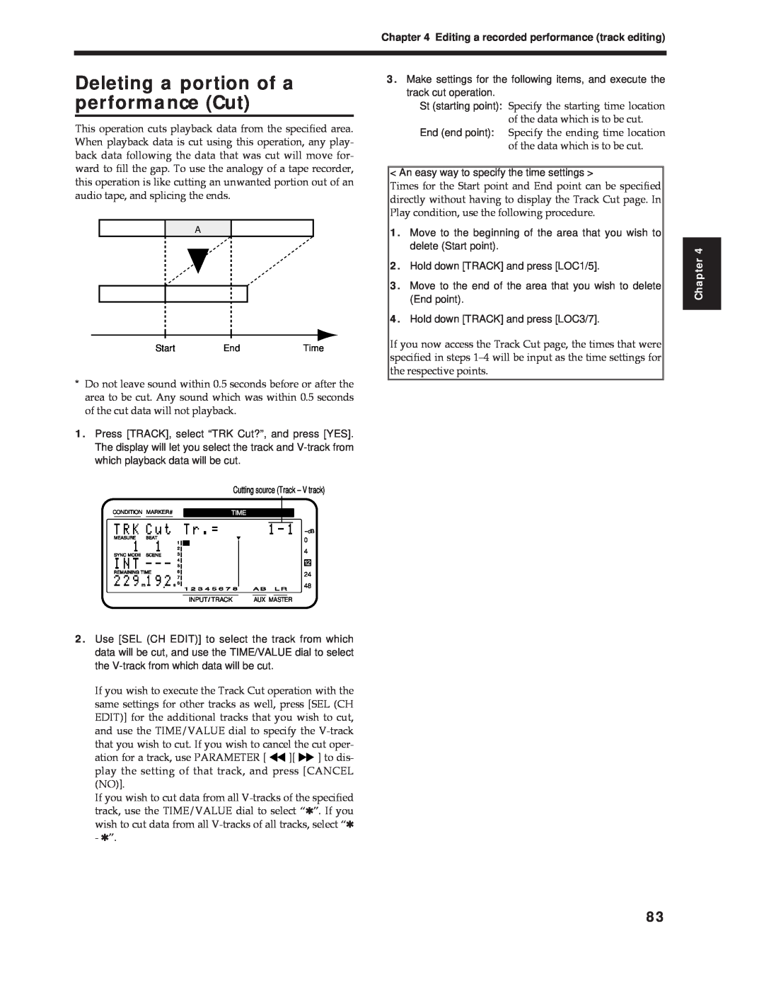 Roland Vs-880 important safety instructions Deleting a portion of a performance Cut, Chapter 