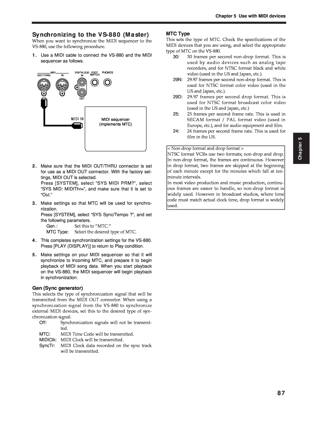 Roland Vs-880 important safety instructions Synchronizing to the VS-880 Master, Gen Sync generator, MTC Type, Chapter 
