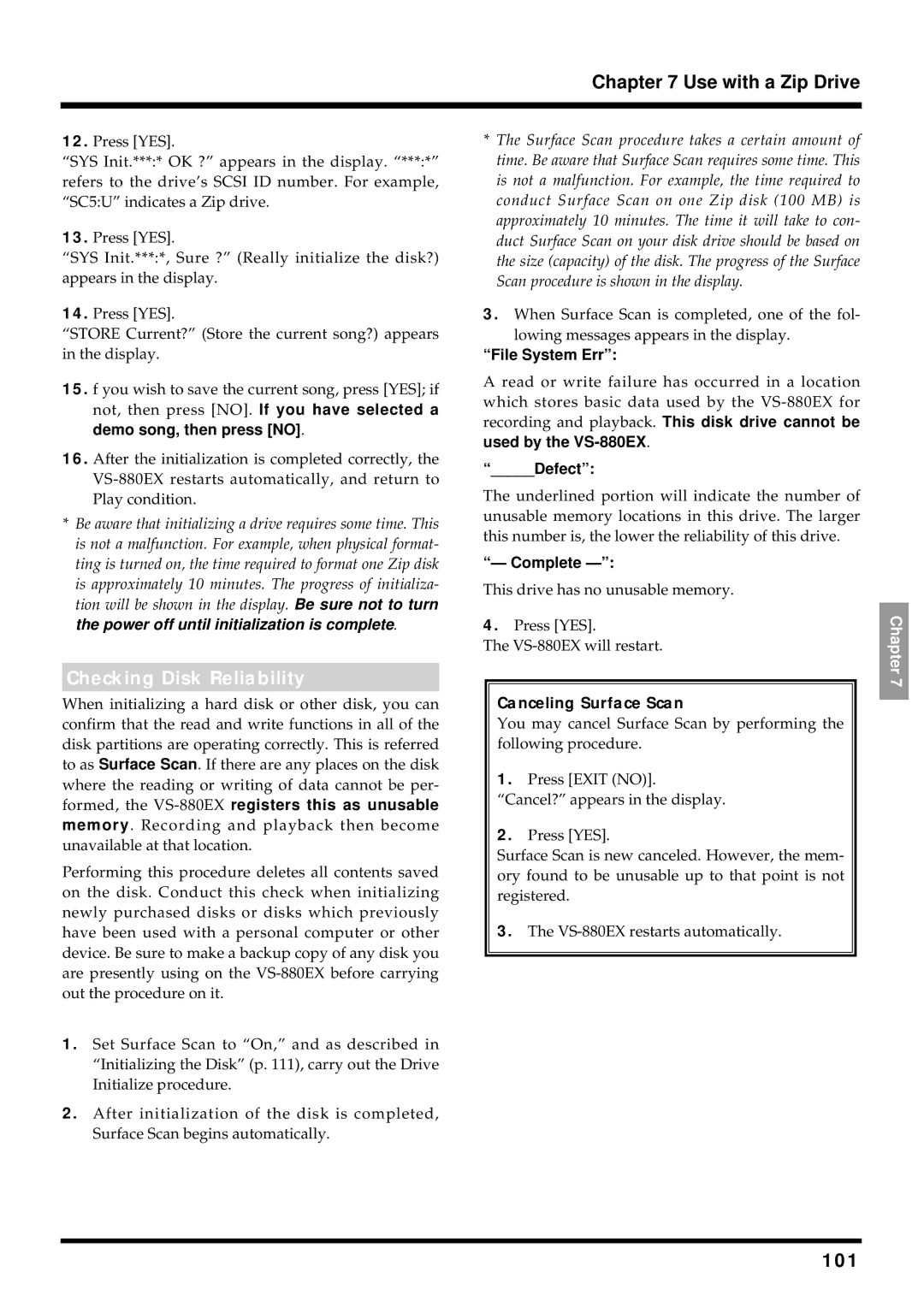 Roland VS-880EX owner manual Checking Disk Reliability, 101, Canceling Surface Scan 