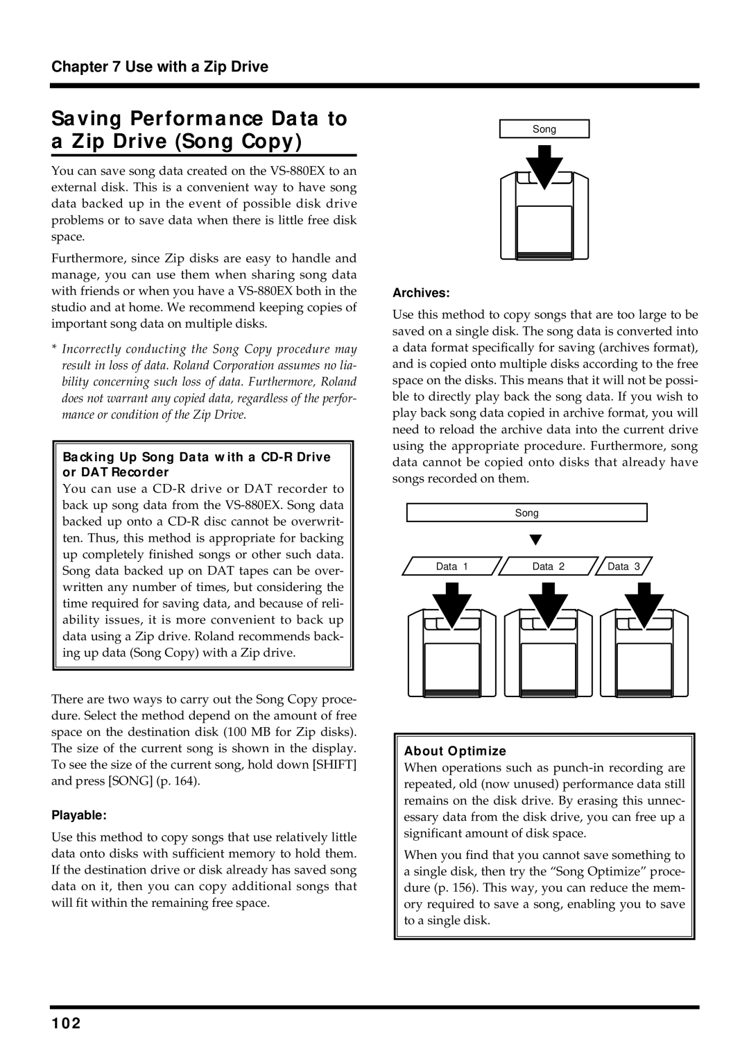 Roland VS-880EX owner manual Saving Performance Data to a Zip Drive Song Copy, 102, About Optimize 