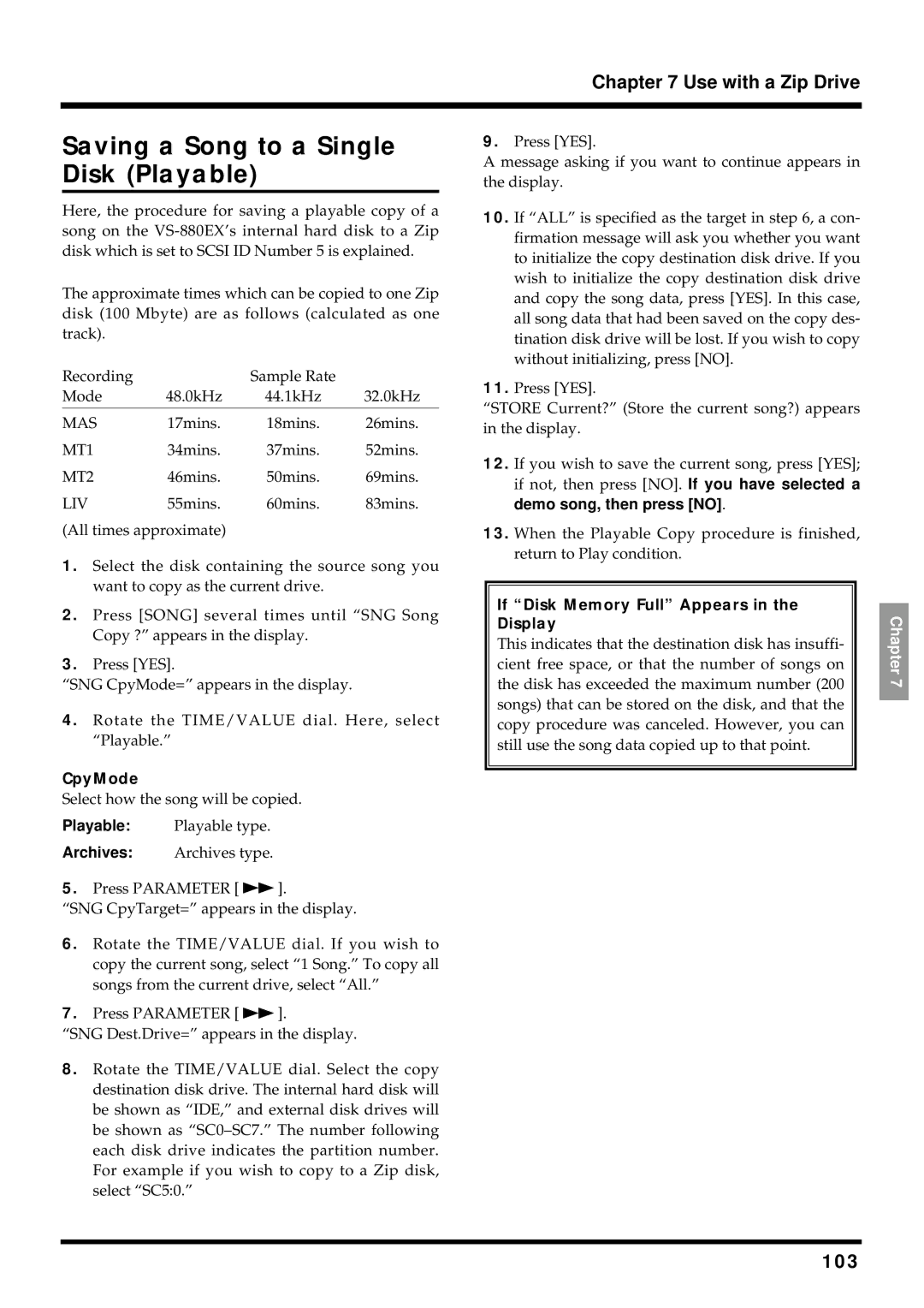Roland VS-880EX Saving a Song to a Single Disk Playable, 103, CpyMode, If Disk Memory Full Appears in the Display 