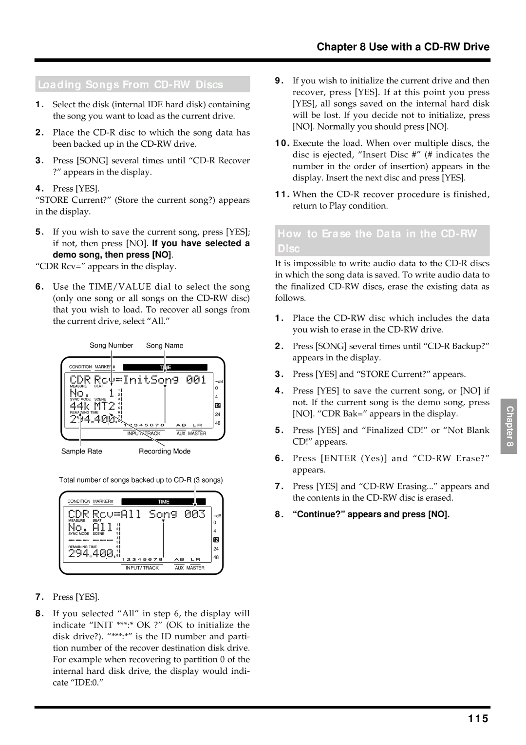 Roland VS-880EX owner manual Loading Songs From CD-RW Discs, How to Erase the Data in the CD-RW Disc, 115 