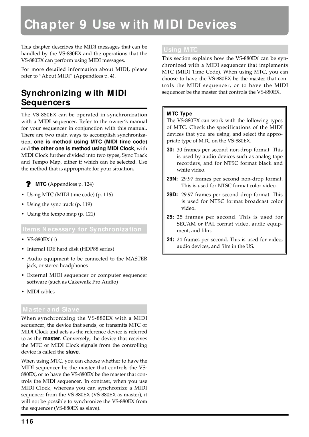 Roland VS-880EX Synchronizing with Midi Sequencers, Items Necessary for Synchronization, Master and Slave, Using MTC, 116 