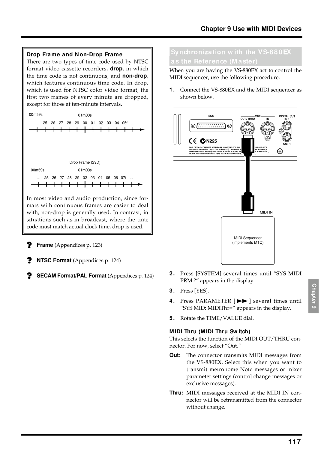 Roland owner manual Use with Midi Devices, Synchronization with the VS-880EX As the Reference Master, 117 