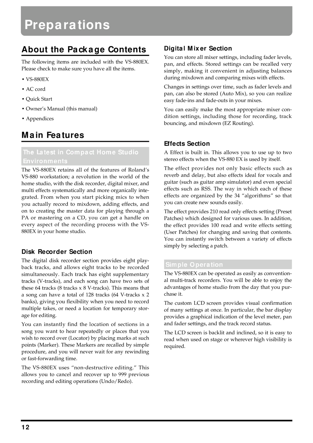 Roland VS-880EX owner manual About the Package Contents, Main Features 