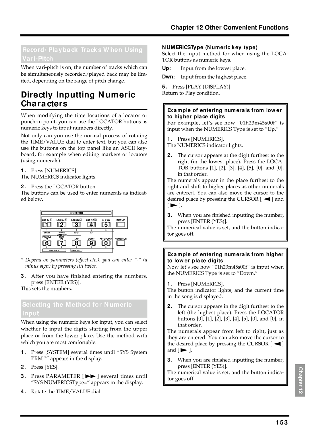 Roland VS-880EX owner manual Directly Inputting Numeric Characters, Record/Playback Tracks When Using, Vari-Pitch, 153 