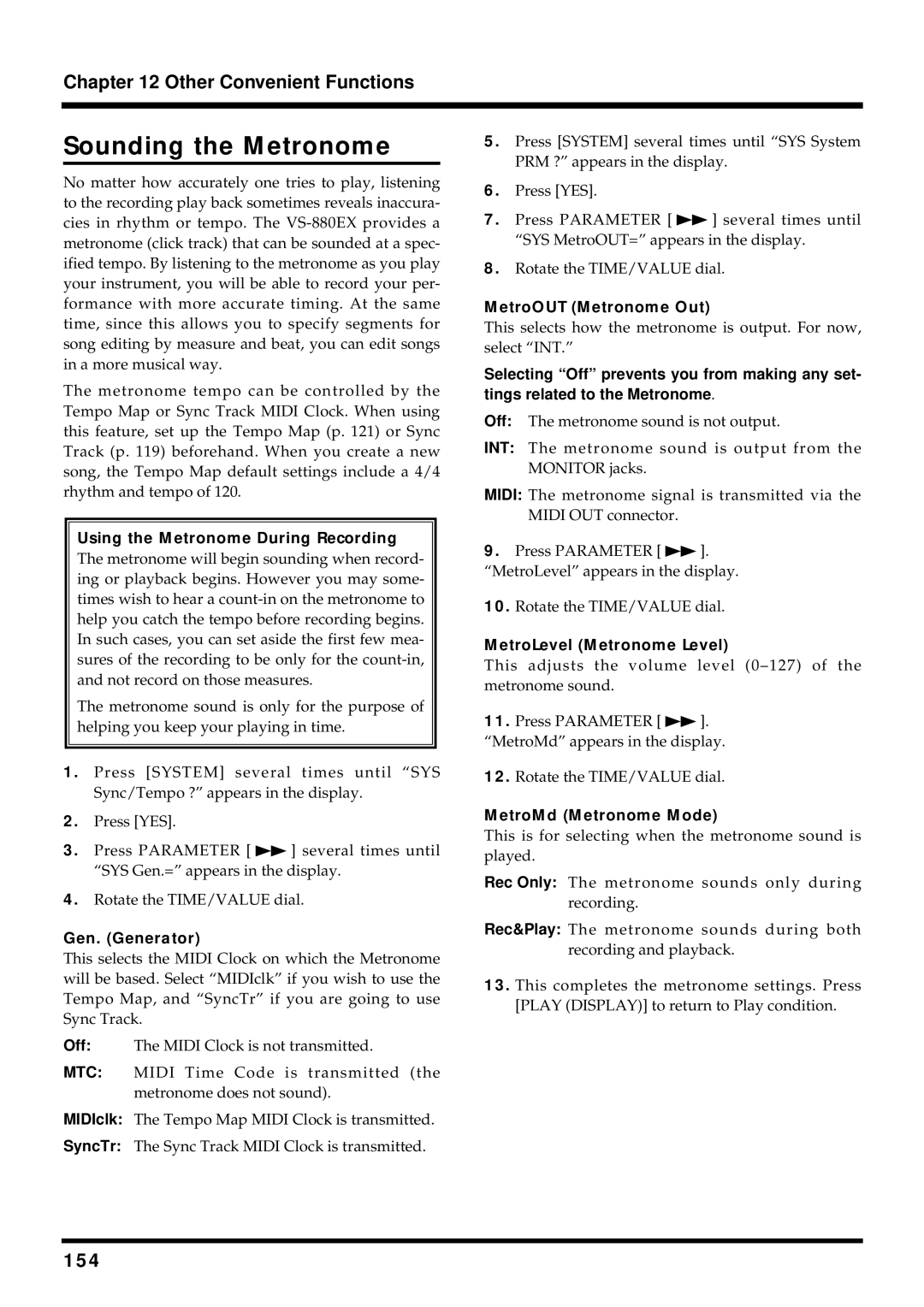 Roland VS-880EX owner manual Sounding the Metronome, 154 