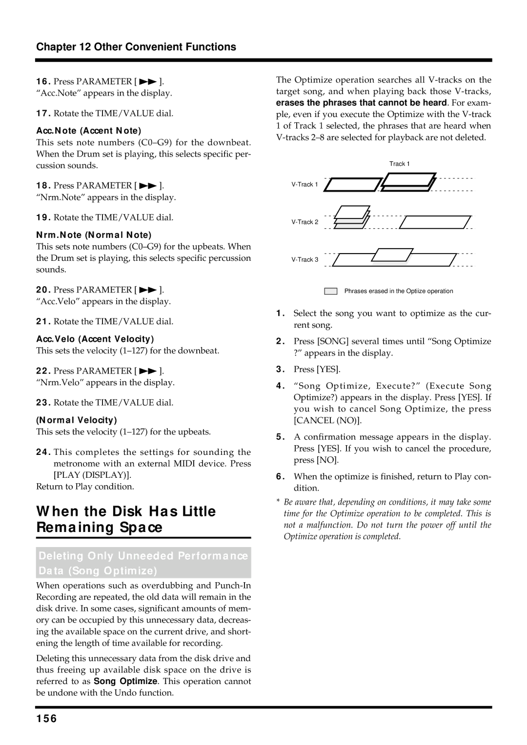 Roland VS-880EX When the Disk Has Little Remaining Space, Deleting Only Unneeded Performance Data Song Optimize, 156 