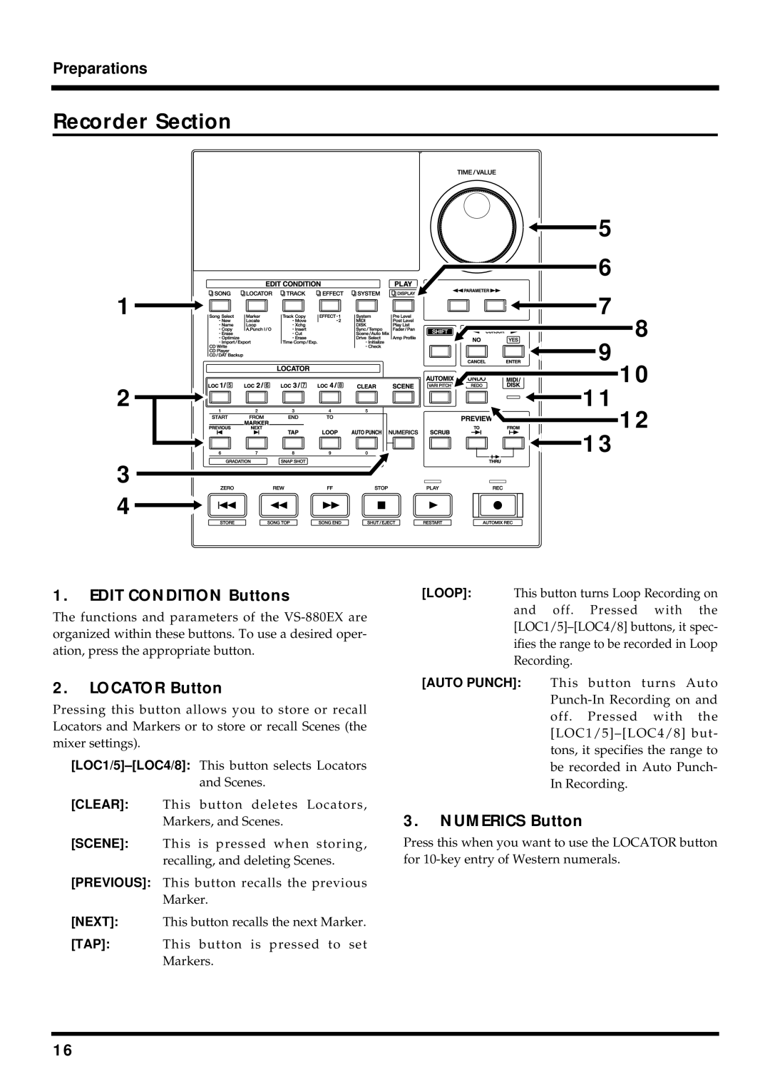 Roland VS-880EX owner manual Recorder Section, Edit Condition Buttons, Locator Button, Numerics Button 