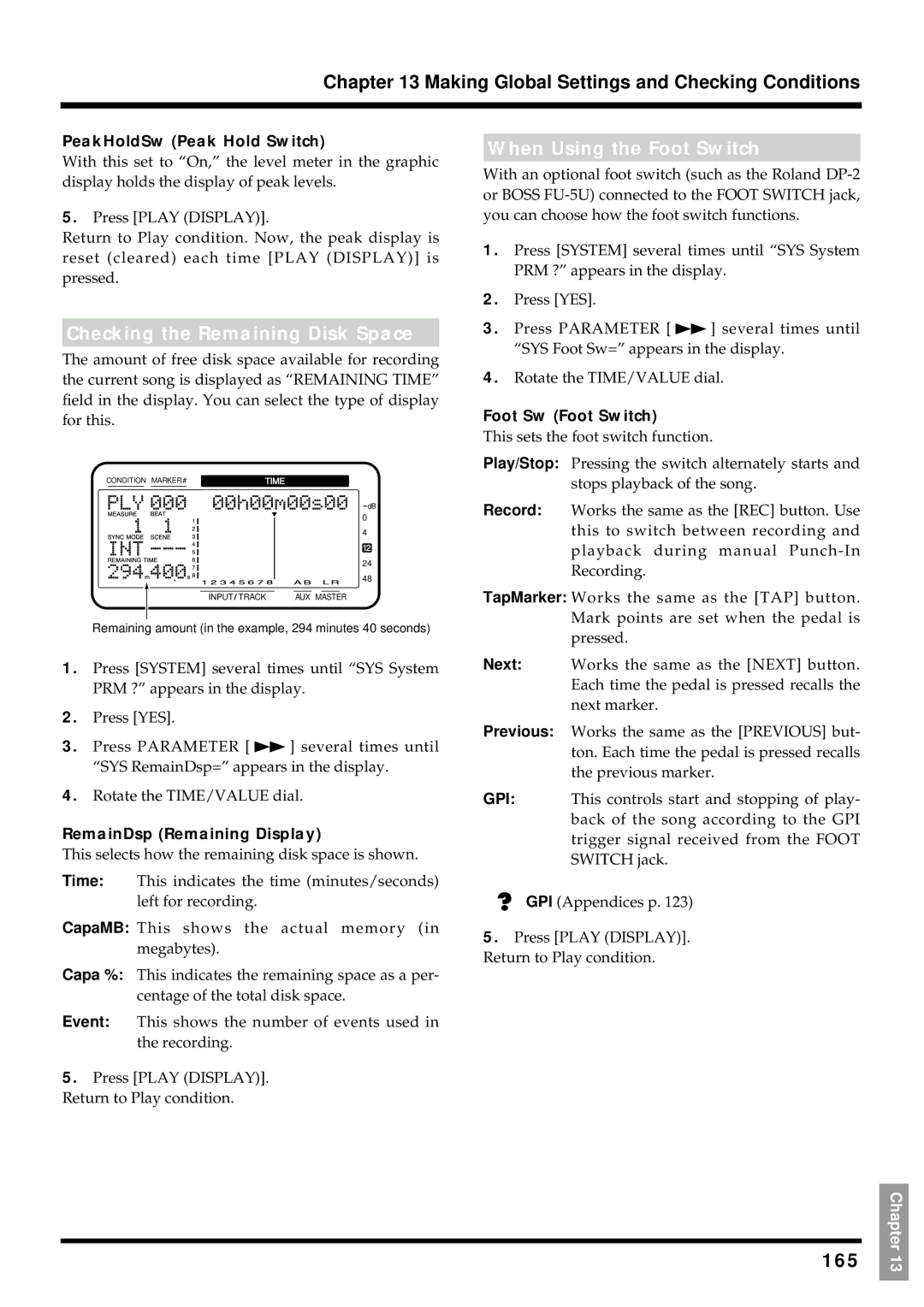 Roland VS-880EX owner manual Checking the Remaining Disk Space, When Using the Foot Switch, 165 