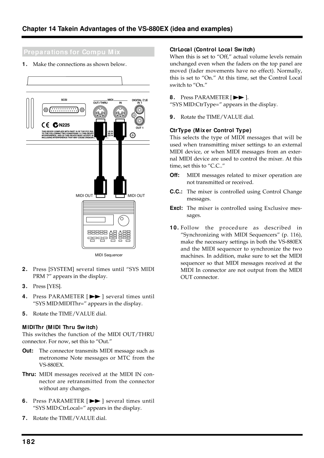 Roland VS-880EX owner manual Preparations for Compu Mix, 182, CtrLocal Control Local Switch 