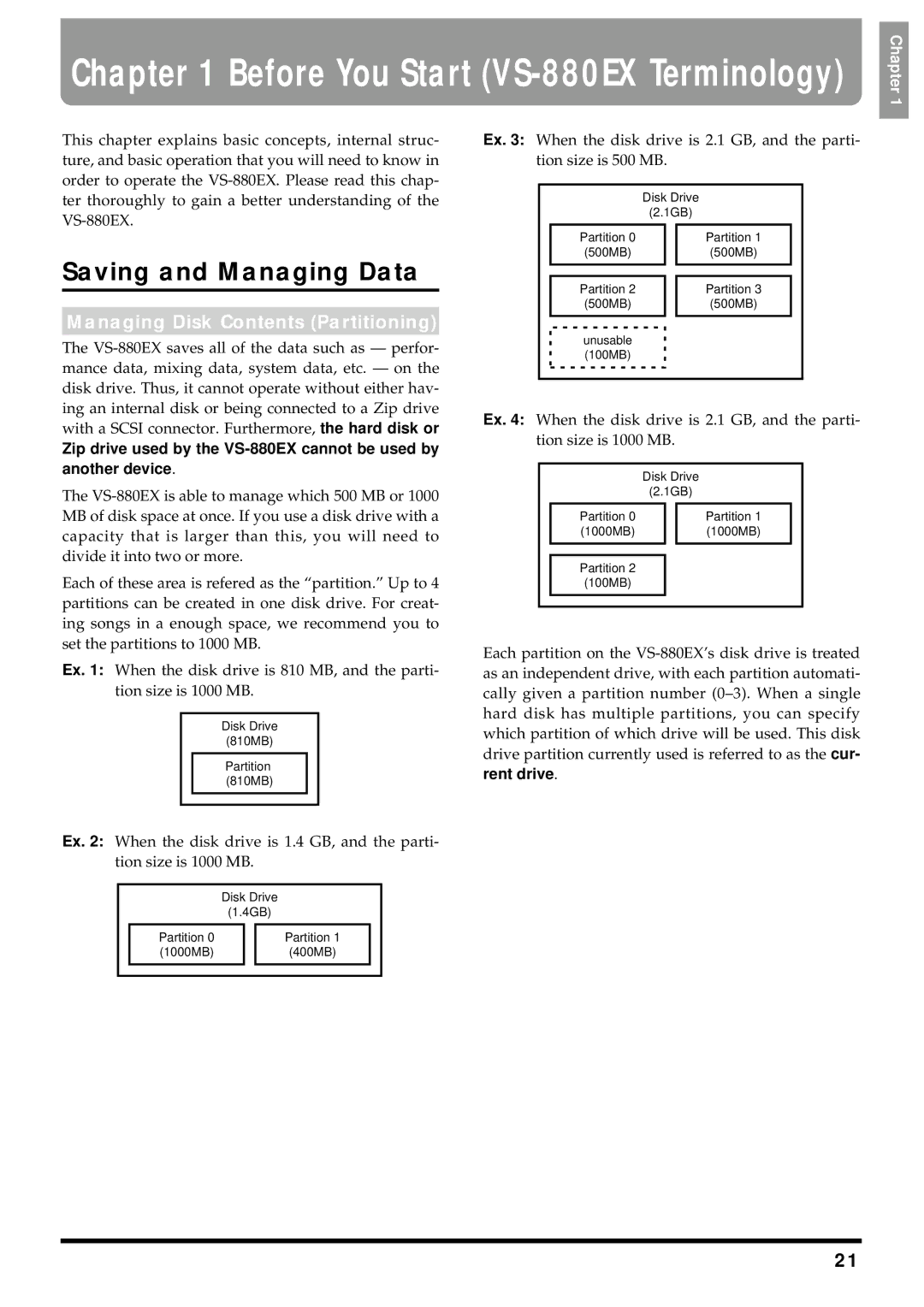 Roland VS-880EX owner manual Saving and Managing Data, Managing Disk Contents Partitioning 