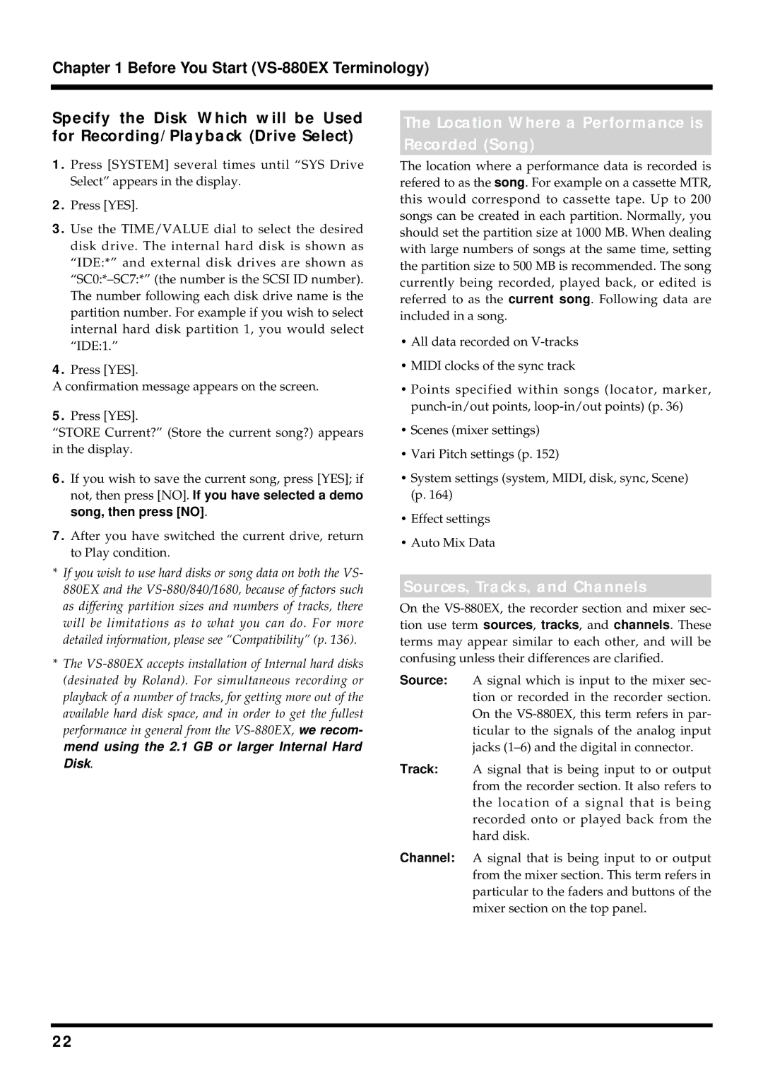 Roland VS-880EX owner manual Location Where a Performance is Recorded Song, Sources, Tracks, and Channels 