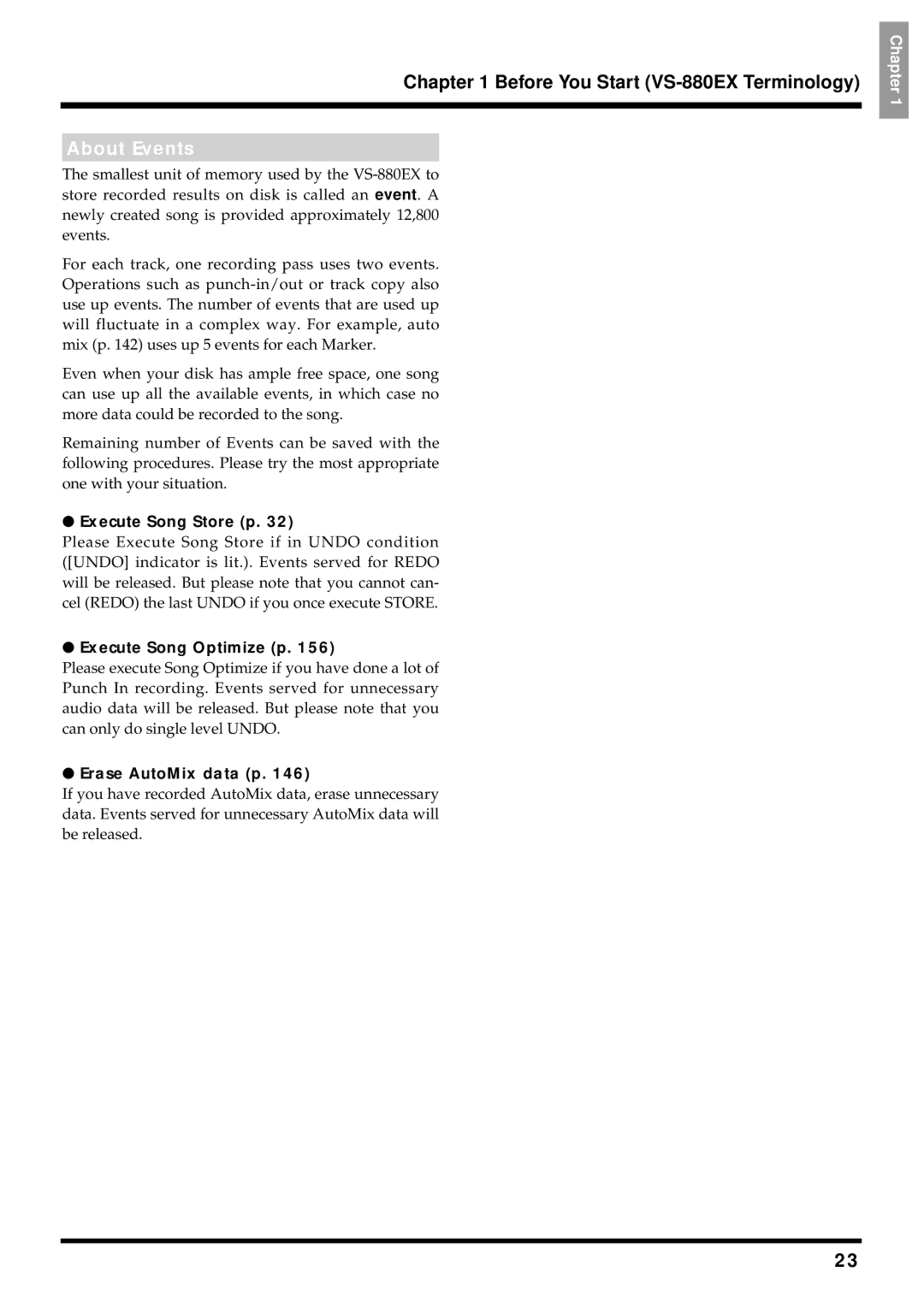 Roland owner manual Before You Start VS-880EX Terminology, About Events, Execute Song Store p, Execute Song Optimize p 