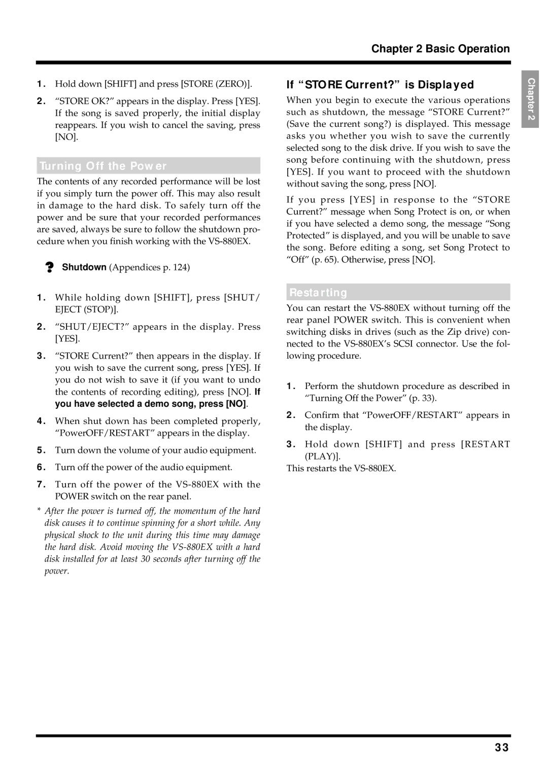 Roland VS-880EX owner manual Basic Operation, Turning Off the Power, If Store Current? is Displayed, Restarting 