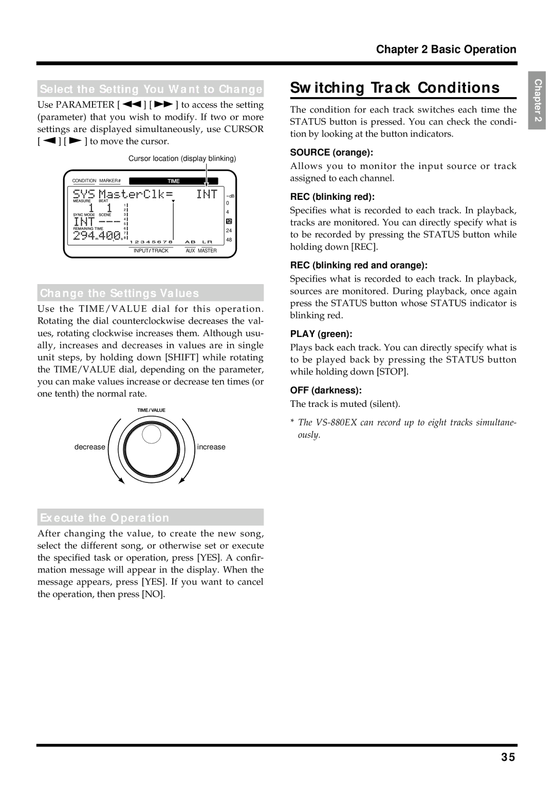 Roland VS-880EX owner manual Switching Track Conditions, Select the Setting You Want to Change, Change the Settings Values 