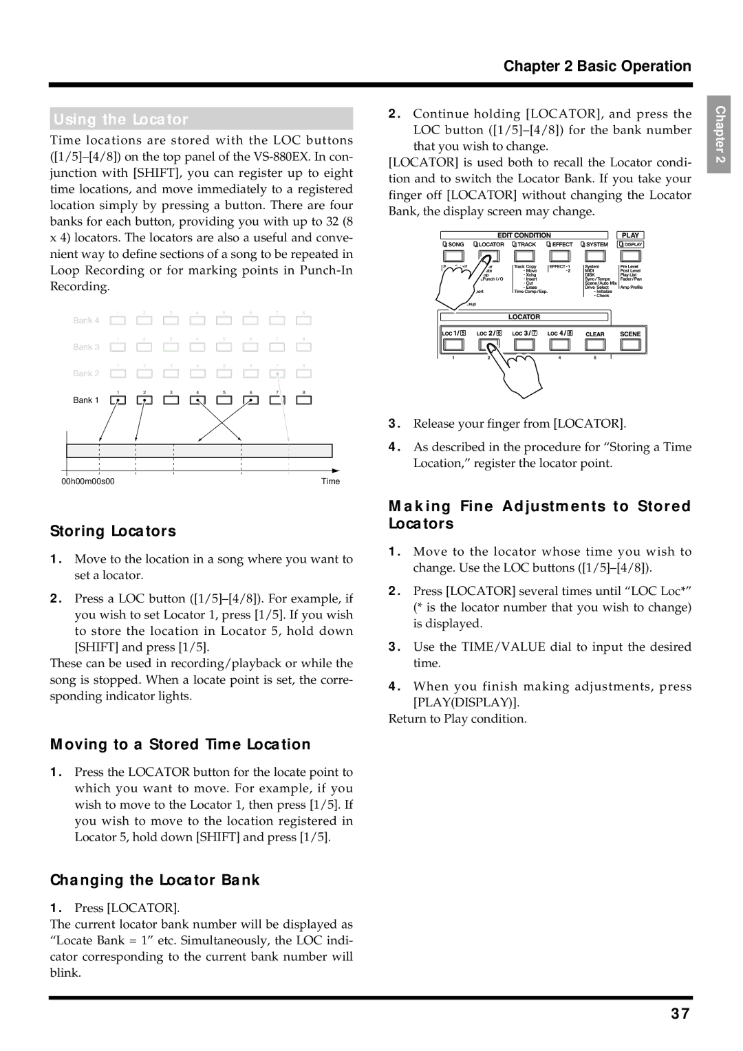 Roland VS-880EX Using the Locator, Storing Locators, Moving to a Stored Time Location, Changing the Locator Bank 