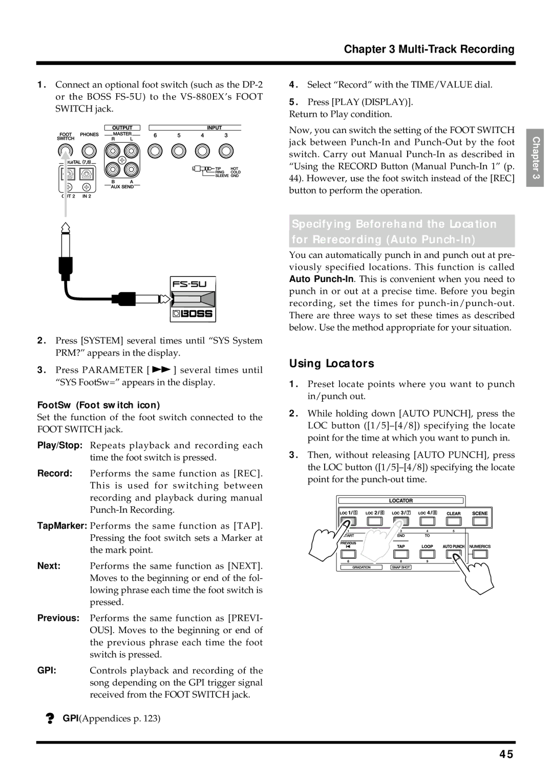 Roland VS-880EX owner manual Using Locators, FootSw Foot switch icon 