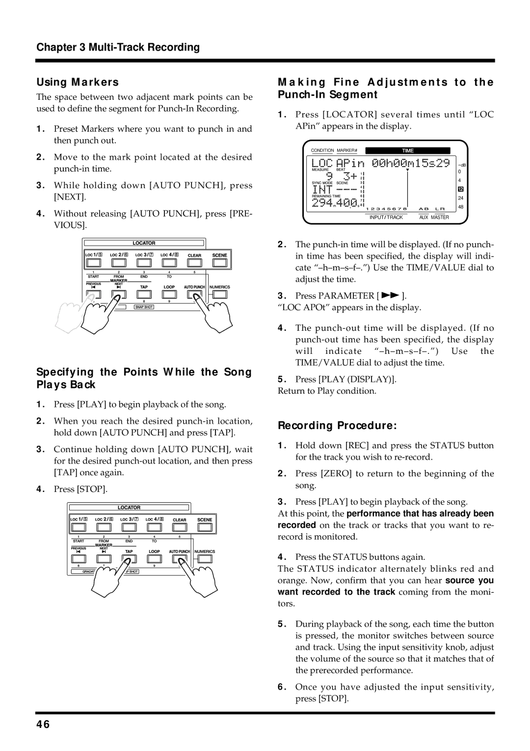 Roland VS-880EX Multi-Track Recording Using Markers, Specifying the Points While the Song Plays Back, Recording Procedure 