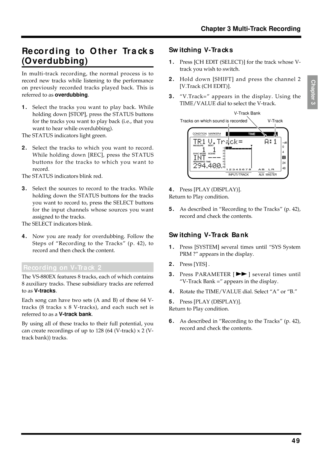 Roland VS-880EX Recording to Other Tracks Overdubbing, Switching V-Tracks, Recording on V-Track, Switching V-Track Bank 