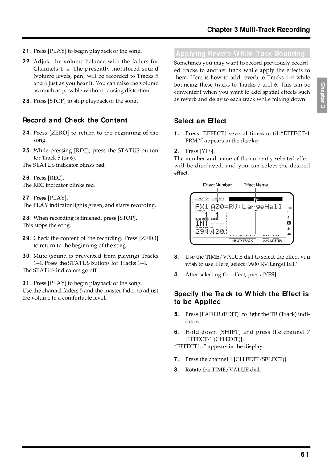 Roland VS-880EX owner manual Applying Reverb While Track Bouncing, Record and Check the Content 