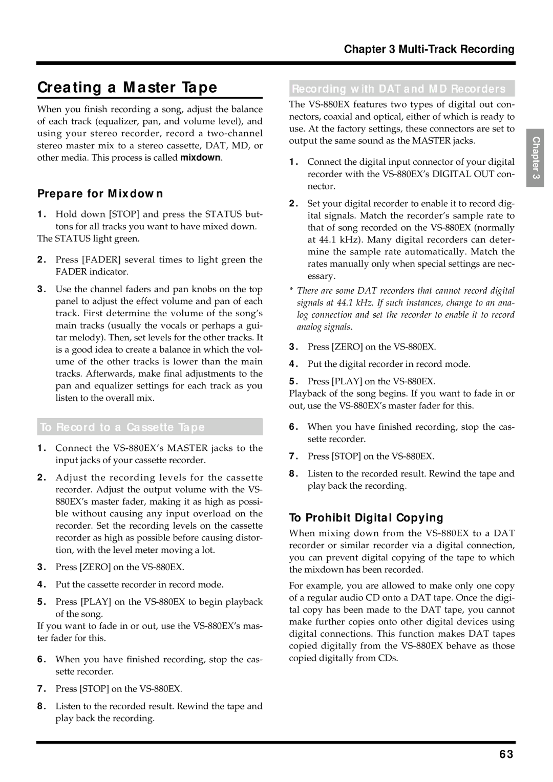 Roland VS-880EX owner manual Creating a Master Tape, Recording with DAT and MD Recorders, Prepare for Mixdown 