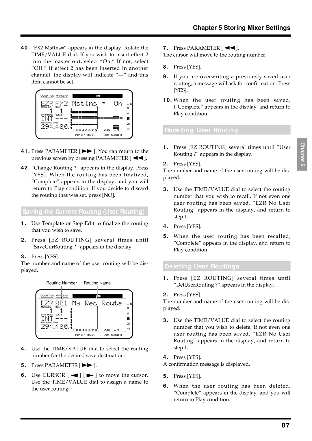 Roland VS-880EX owner manual Saving the Current Routing User Routing, Recalling User Routing, Deleting User Routings 