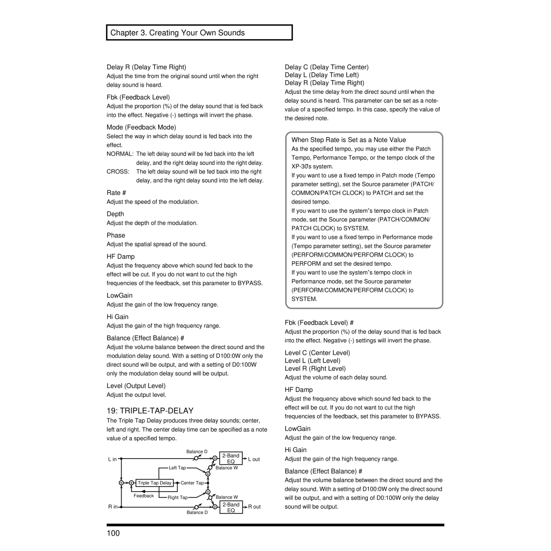 Roland XP-30 Triple-Tap-Delay, 100, Fbk Feedback Level, Level C Center Level Level L Left Level Level R Right Level 
