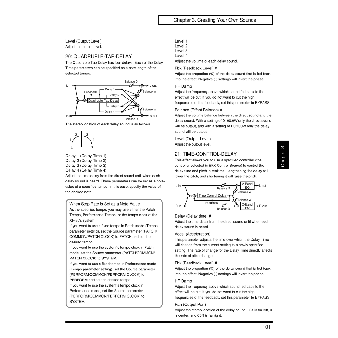 Roland XP-30 owner manual Quadruple-Tap-Delay, Time-Control-Delay, 101, Delay Delay time #, Accel Acceleration 