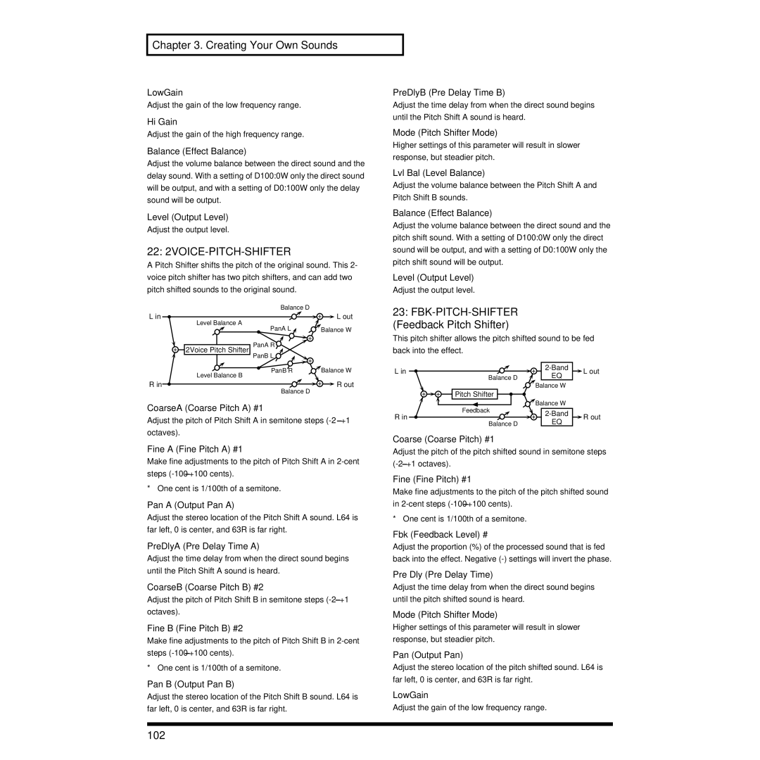 Roland XP-30 owner manual 22 2VOICE-PITCH-SHIFTER, Fbk-Pitch-Shifter, Feedback Pitch Shifter, 102 