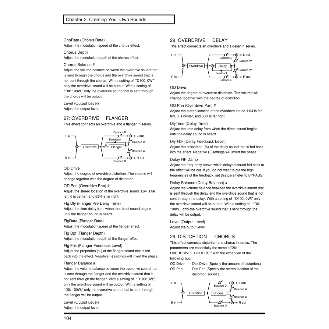 Roland XP-30 owner manual OVERDRIVE→ Flanger, OVERDRIVE→ Delay, DISTORTION→ Chorus, 104 