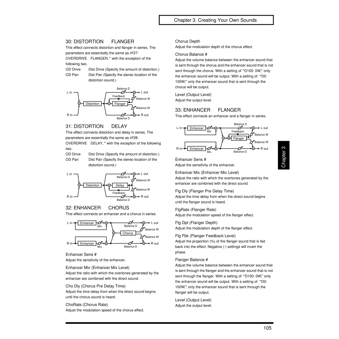 Roland XP-30 owner manual DISTORTION→ Flanger, ENHANCER→ Flanger, DISTORTION→ Delay, ENHANCER→ Chorus, 105 