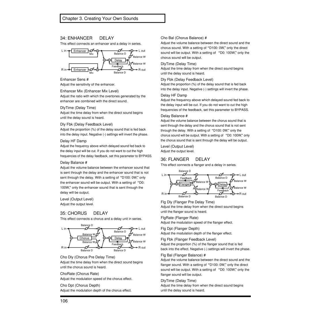 Roland XP-30 owner manual ENHANCER→ Delay, CHORUS→ Delay, FLANGER→ Delay, 106 