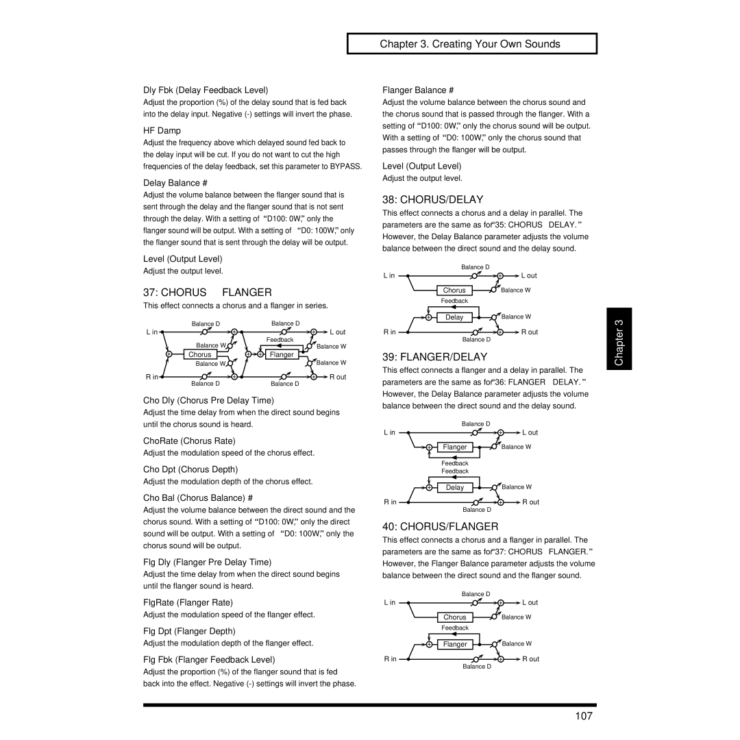 Roland XP-30 owner manual CHORUS→ Flanger, Chorus/Delay, Flanger/Delay, Chorus/Flanger, 107 