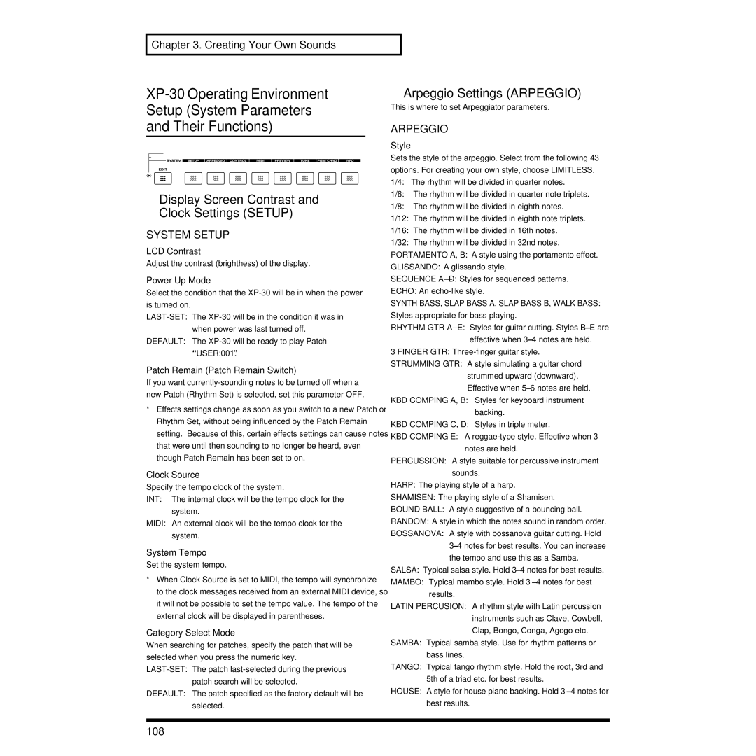 Roland XP-30 owner manual Display Screen Contrast and Clock Settings Setup, Arpeggio Settings Arpeggio, System Setup, 108 