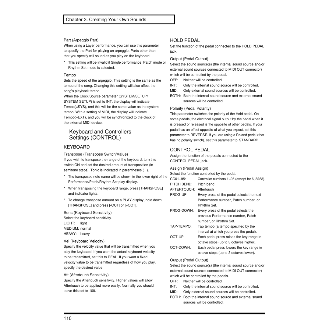 Roland XP-30 owner manual Keyboard and Controllers Settings Control, Hold Pedal, Control Pedal, 110 