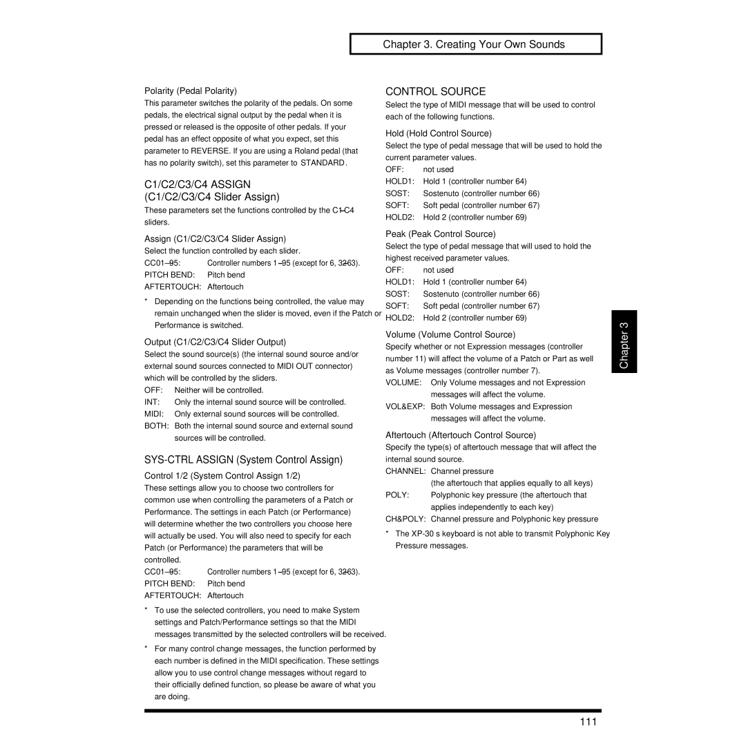 Roland XP-30 owner manual C1/C2/C3/C4 Assign C1/C2/C3/C4 Slider Assign, SYS-CTRL Assign System Control Assign, 111 