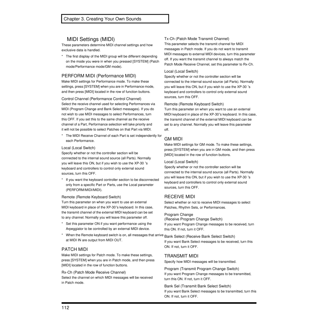 Roland XP-30 owner manual Midi Settings Midi, Patch Midi, GM Midi, Receive Midi, Transmit Midi 