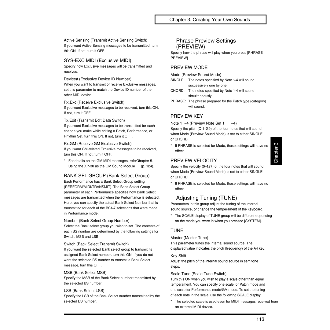 Roland XP-30 owner manual Phrase Preview Settings, Adjusting Tuning Tune 