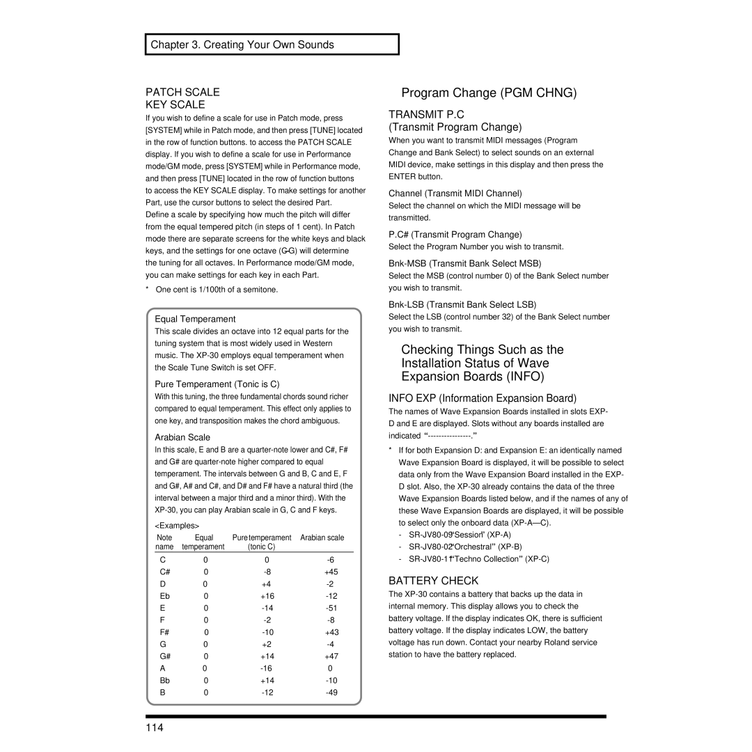 Roland XP-30 owner manual Program Change PGM Chng, Patch Scale KEY Scale, Transmit P.C, Battery Check 