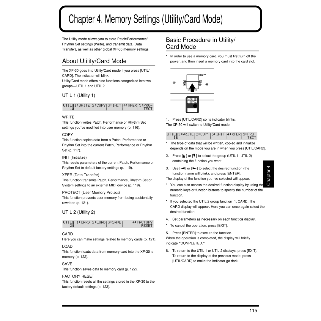 Roland XP-30 About Utility/Card Mode, Basic Procedure in Utility/ Card Mode, Util 1 Utility, Util 2 Utility, 115 