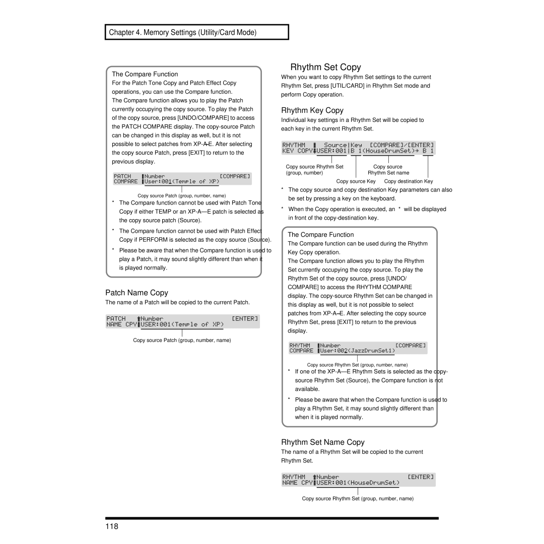 Roland XP-30 owner manual Rhythm Set Copy, Patch Name Copy, Rhythm Key Copy, Rhythm Set Name Copy, 118 