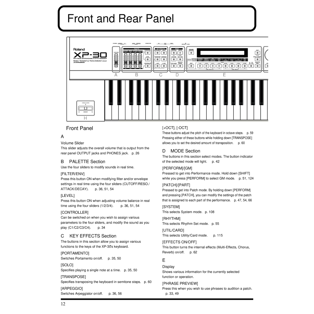 Roland XP-30 owner manual Front and Rear Panel, Front Panel, Palette Section, KEY Effects Section, Mode Section 