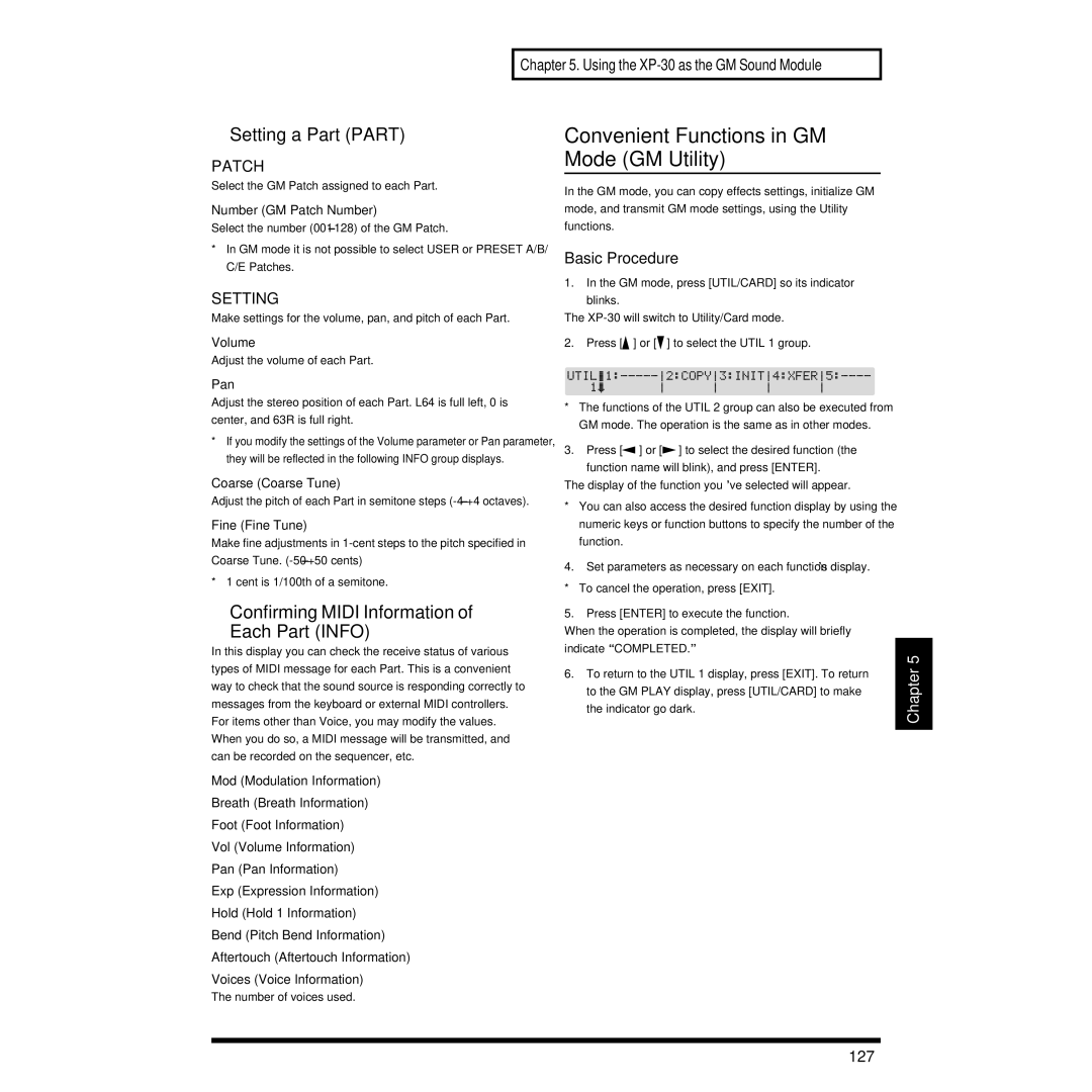 Roland XP-30 Convenient Functions in GM Mode GM Utility, Setting a Part Part, Confirming Midi Information Each Part Info 