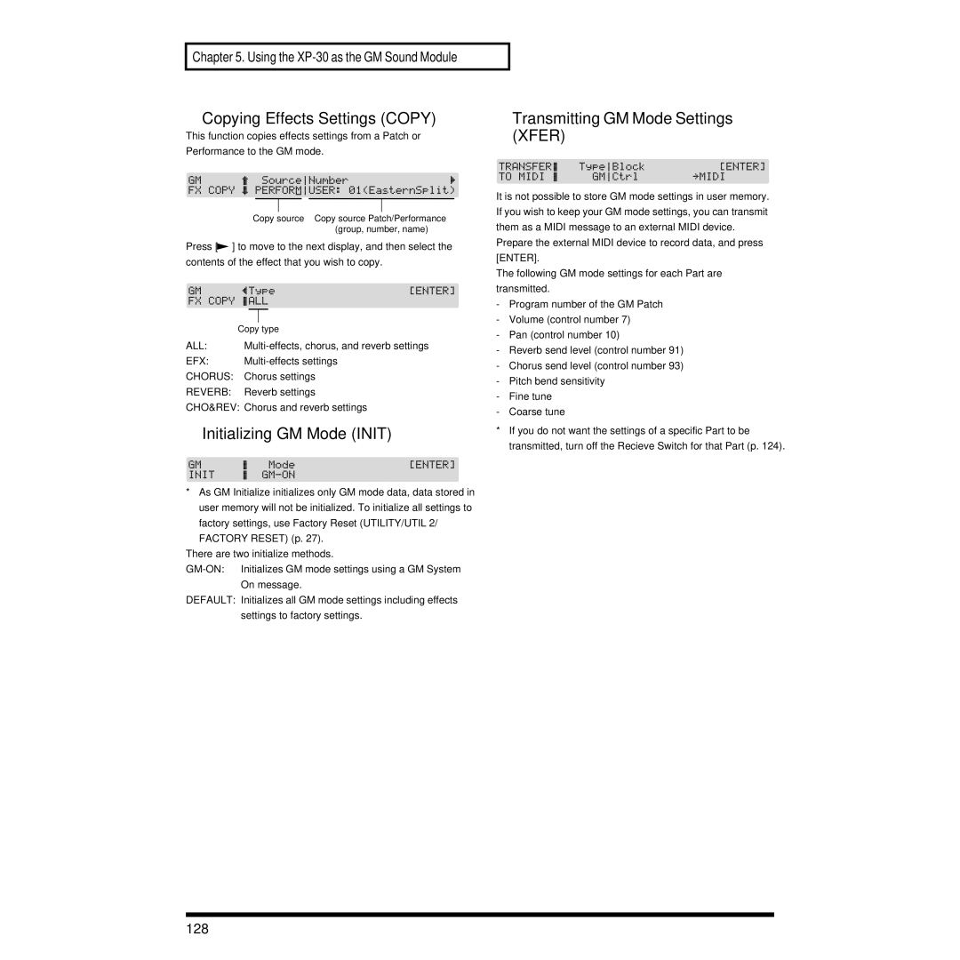 Roland XP-30 owner manual Copying Effects Settings Copy, Initializing GM Mode Init, Transmitting GM Mode Settings Xfer, 128 